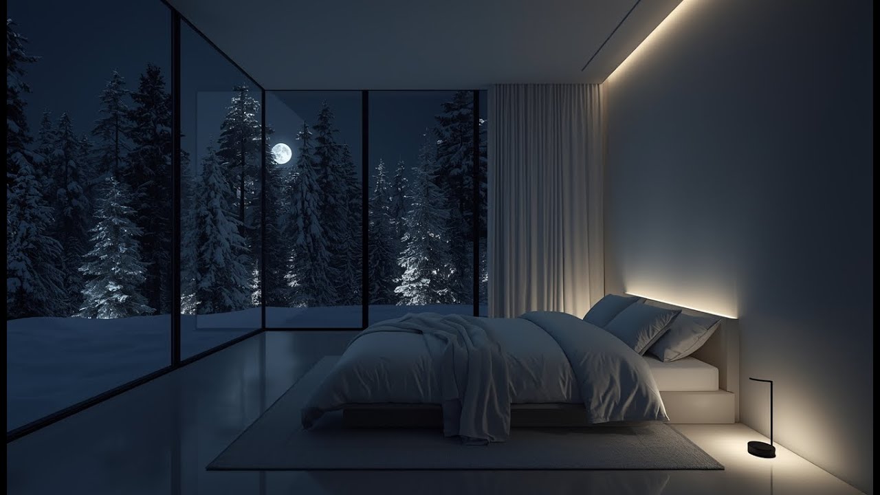 Minimalist Bedroom Ambience ❄️ Snowy Forest View Through Window | Deep Sleep & Relaxation (8 Hours)