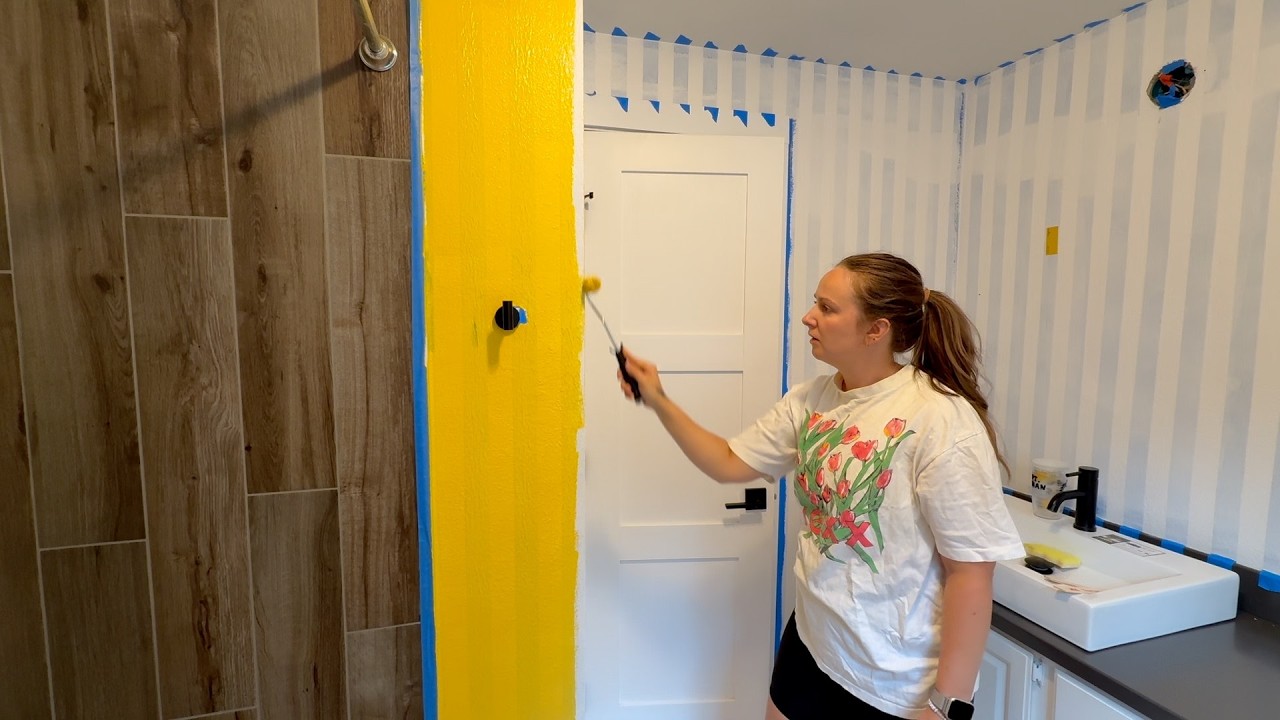 Painting Stripes Using Painters Tape for a Guest Bathroom Renovation