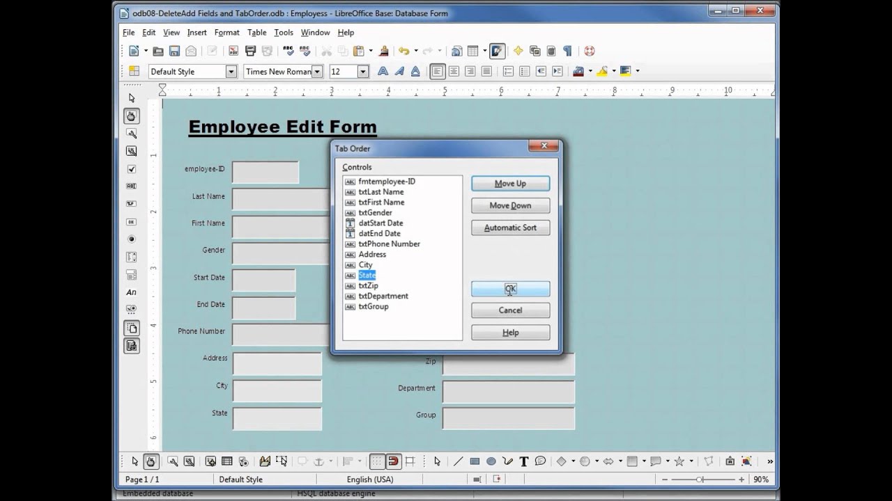 LibreOffice Base (08) Добавление полей удаления и порядка вкладок