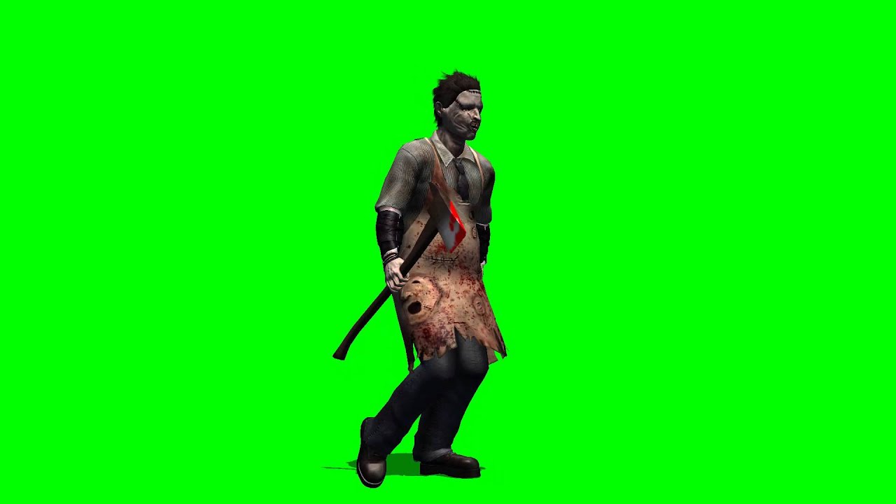 Zombie with a bloody Ax walk - green screen - free use