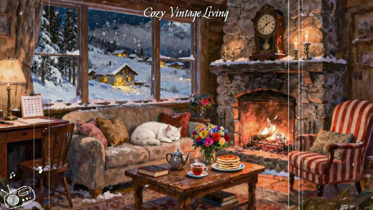 Sleeping cat by the fireplace 🐾 a cozy 1950s winter night with vintage Jazz