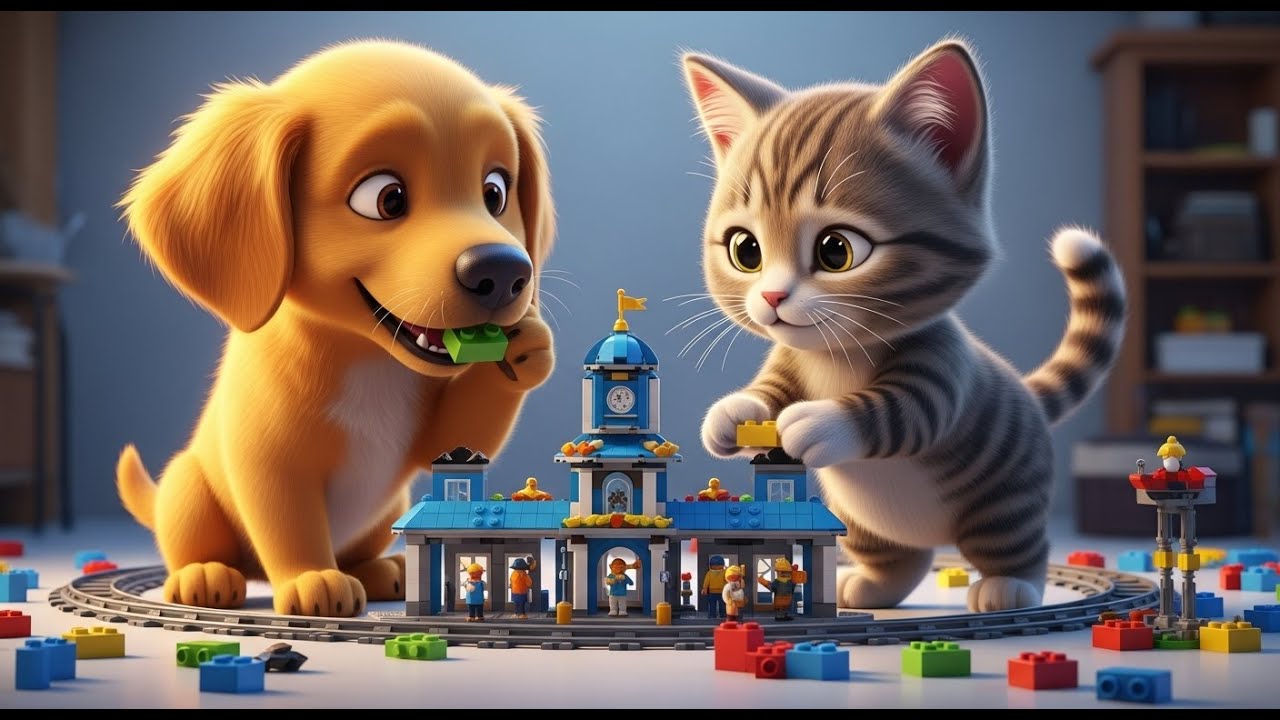 EPIC Build! Best Friends Play Together! Dog & Kitty Build a LEGO Train Station!