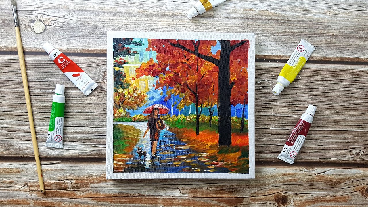 Elegant woman walks her dog in an autumn day | Cosu daily art challenge #44 Acrylic painting idea