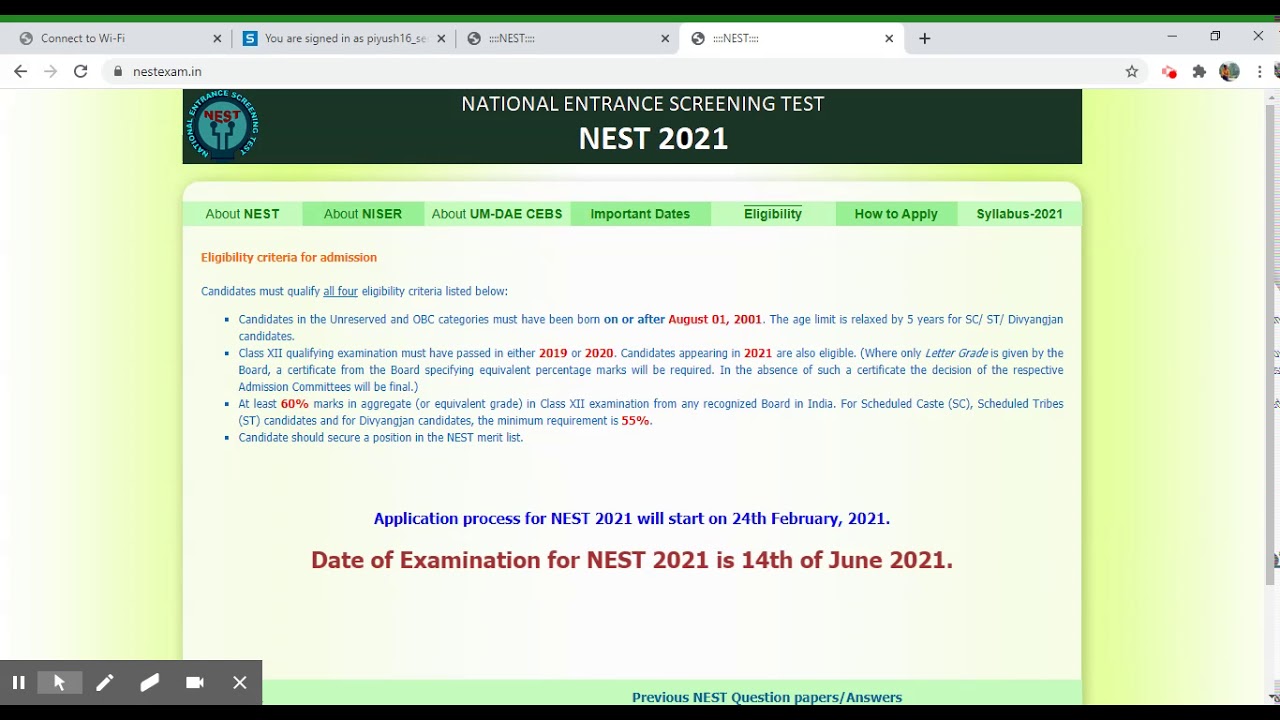 NEST Online Application form 2021 for Integrated MSc. courses  # Latest Update