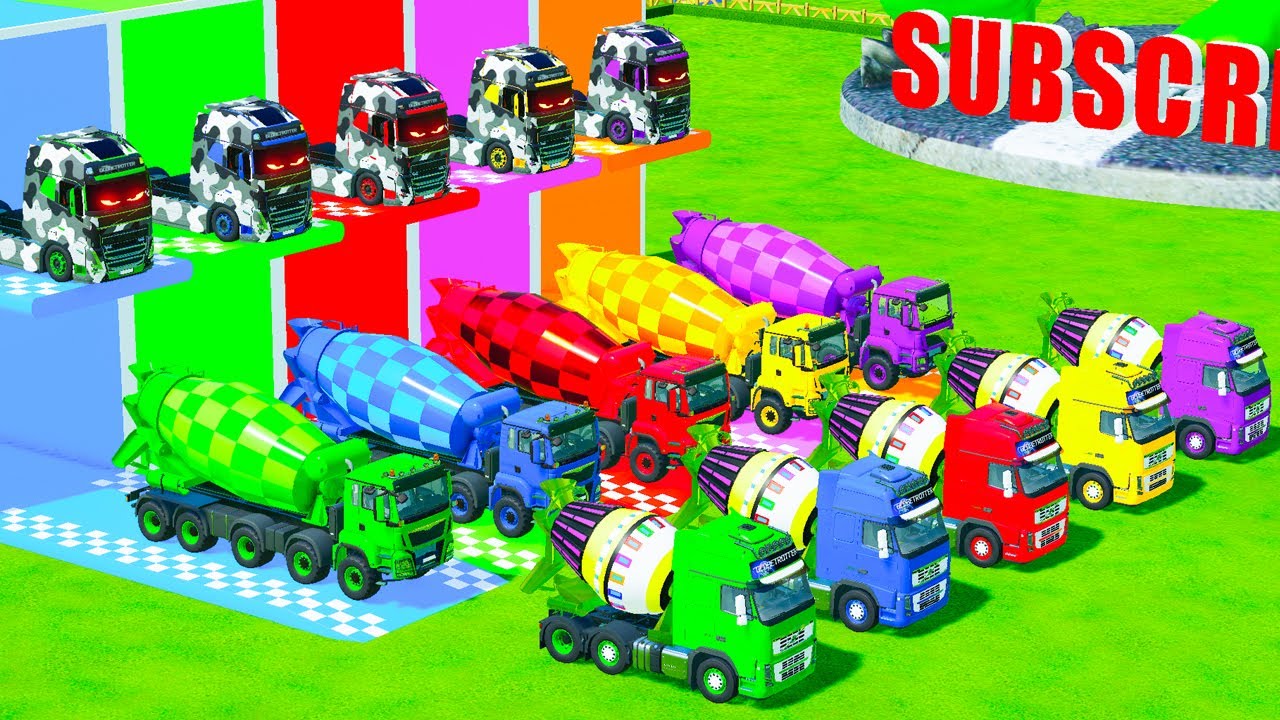 Garage with Colors - ALL MIXER TRUCK WITH DOUBLE FLATBED TRAILER TRUCK, VOLVO, MAN, MERCEDES - FS22