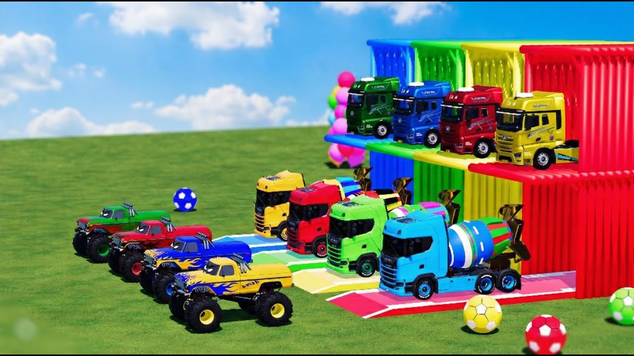 Garage with Colors - ALL MIXER TRUCKS WITH FLATBED TRAILER TRUCK, POLICE, FORD, VOLVO, JEEP #15