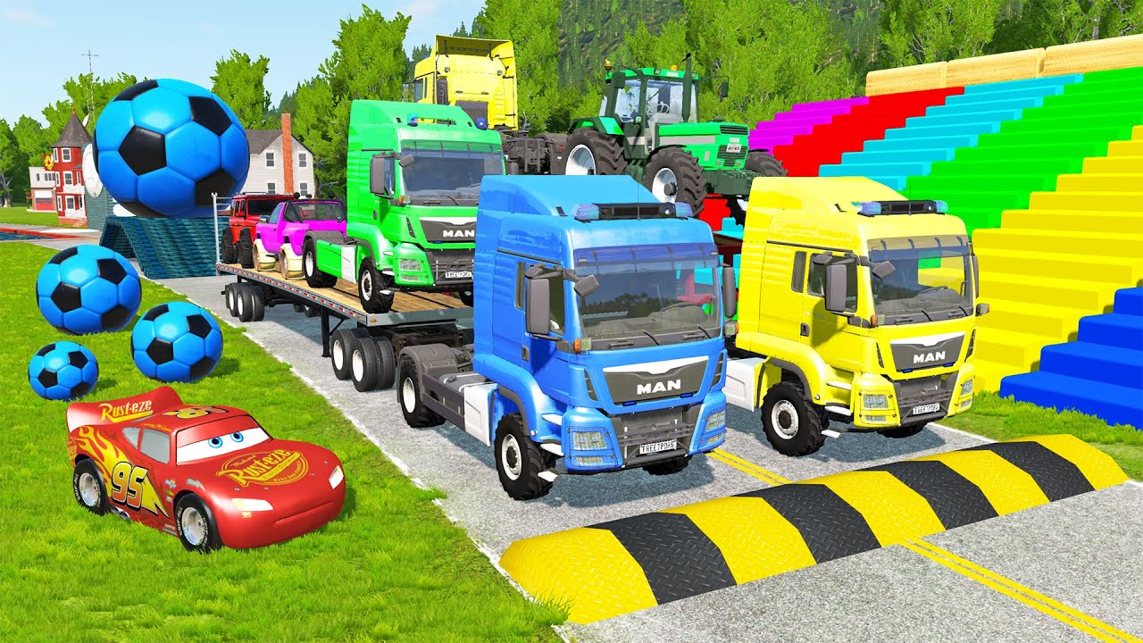 Triple Flatbed Trailer McQueen Transportation with Truck - Speedbumps vs Cars vs Train - BeamNG #39