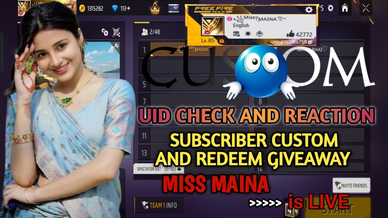 LIVE 🔴FREE FIRE GIRL LIVE STREAM ( UID CHECK AND REACTION) MISS MAINA #freefiregirllive #fflive