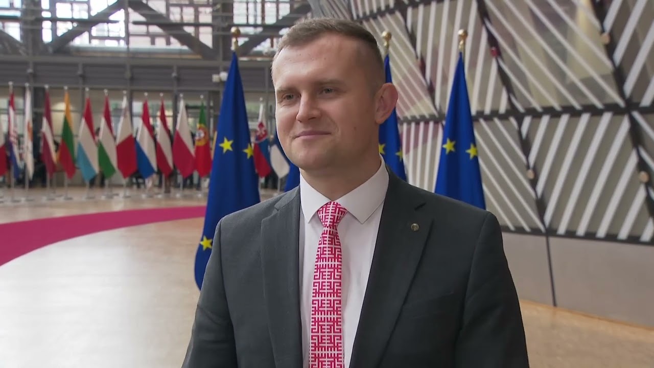Parliamentary Secretary Artjoms Uršuļskis speaks to the media before the 17 March EU GAC meeting
