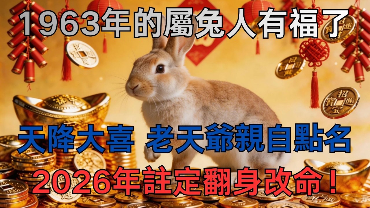 1963年的屬兔人有福了！天降偏財，2026年註定翻身改命！#生肖#运势#財運#2026年生肖运势 #马年运势#丙午年运势 #2026年生肖運勢 #接福接财接好运