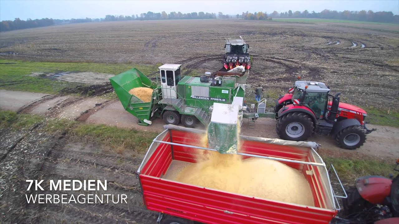 Mais dreschen 2015 mit mobiler Mühle Willemsen FF8W / Lexion 670, Fendt, Case, Massey Ferguson
