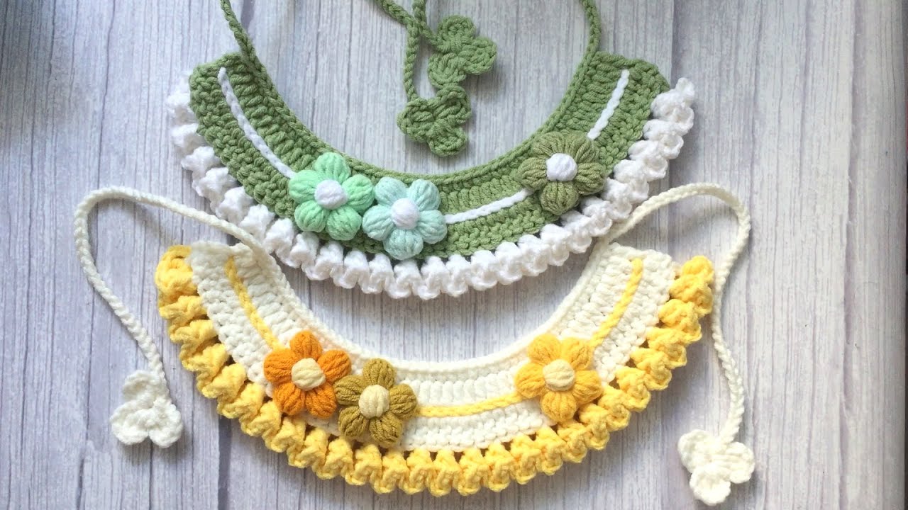 #53 Crochet cute pet collar with puff flowers Crochet tutorial