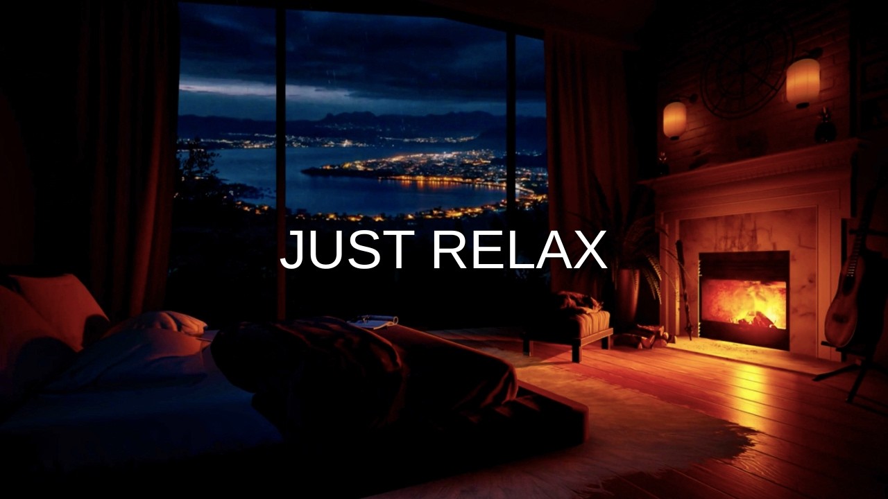 Fireplace with Rain Sounds and Relaxing Music 4K