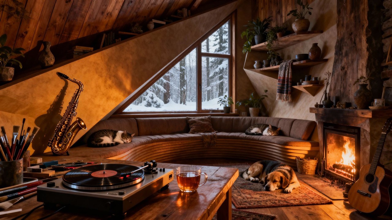 Midnight Jazz in a Cozy Winter Cabin | Fireplace Sounds to Relax & Unwind