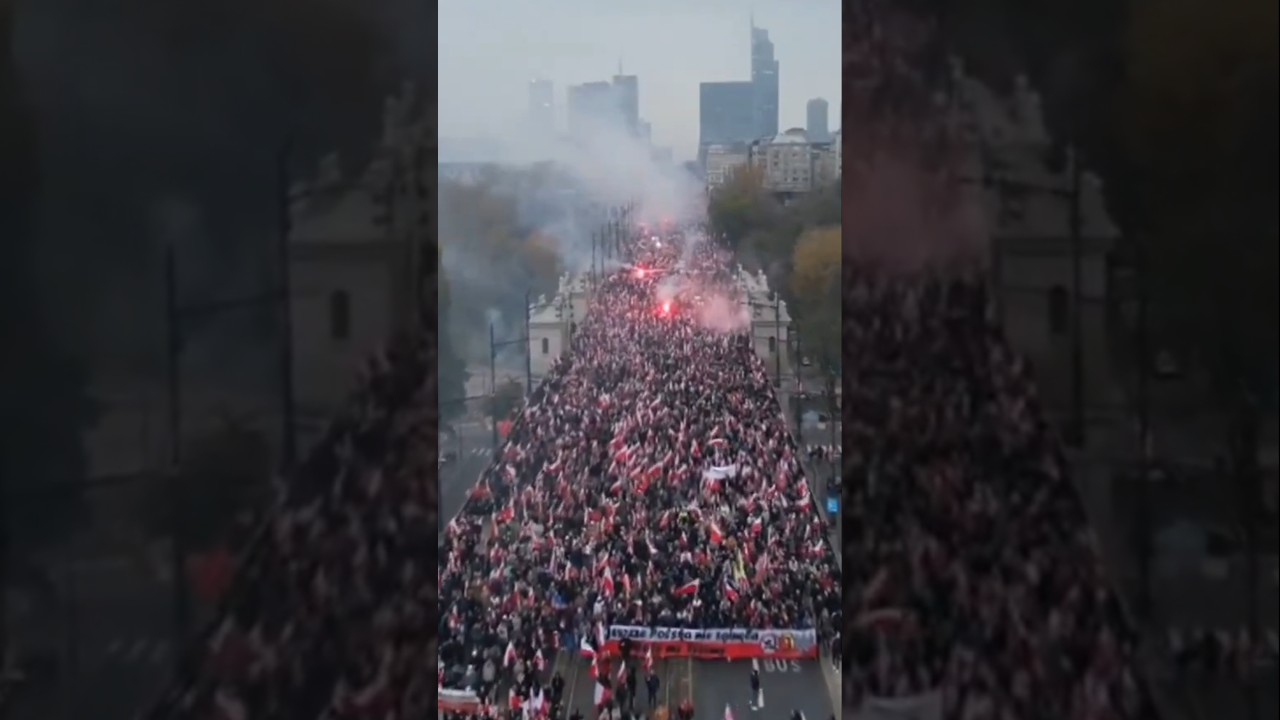 Massive Polish nationalist march for Poland Independence day. 100,000 march through Warsaw. 