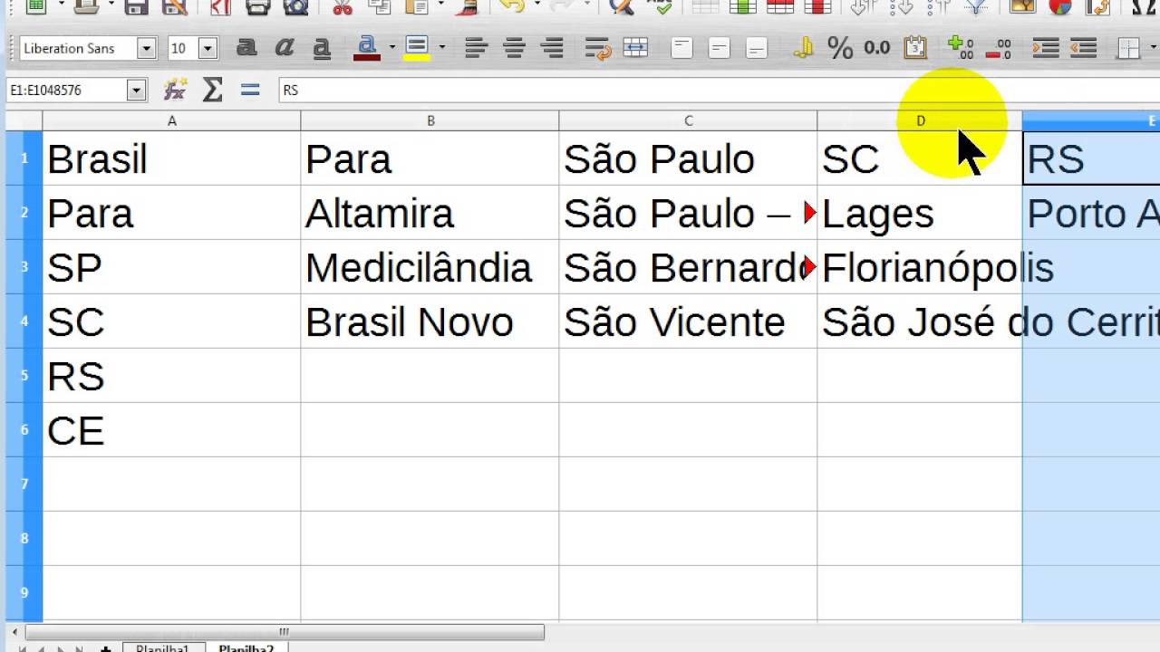 Listas suspensas em cascatas com validação no Libreoffice
