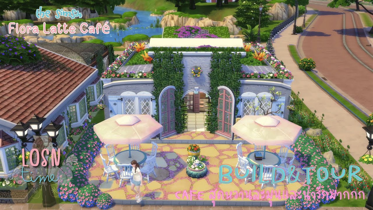 Build&Tour ☕︎ คาเฟ่โทนอบอุ่น 🌸 “Flora Latte Café” ในหมู่บ้าน Everbloom Town | The Sims4
