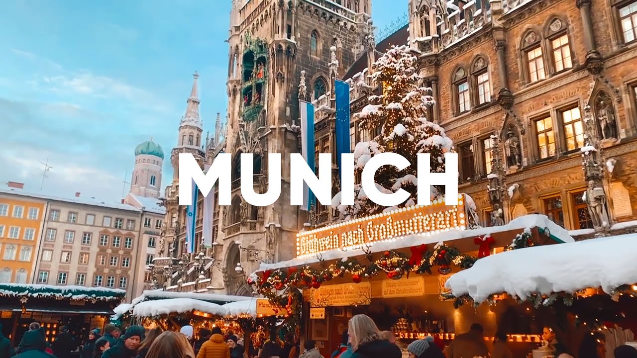 Christmas Market of Munich SNOW SURFING IN EISBACH WAVE Germany Snowfall 4K Walking Tour