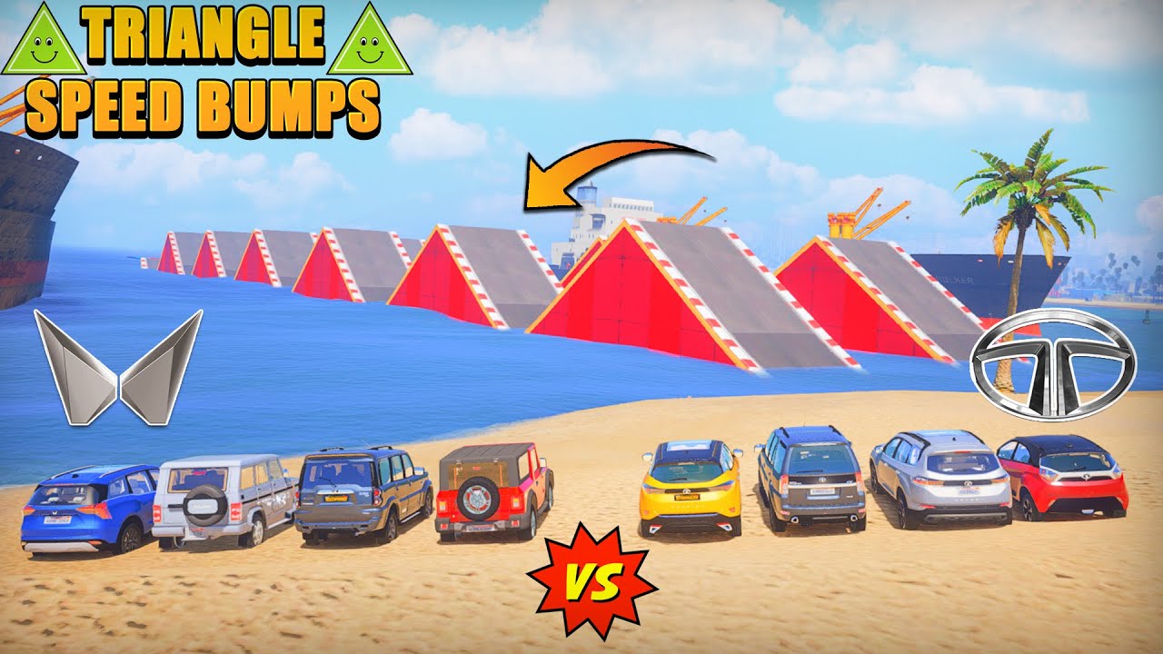 GTA 5 : Mahindra Cars VS Tata Cars | Triangle Speed Bumps Water Challenge | Who Will Win ?