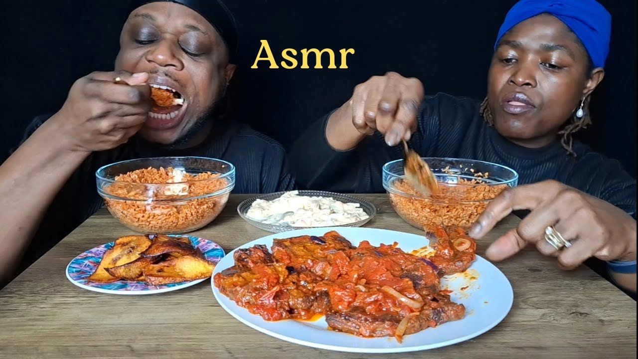 Asmr Nigerian Jollof Rice, Pork chops, Fried Plantain & Coleslaw in London