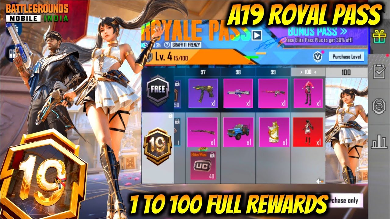 BGMI A19 ROYAL PASS 1 TO 100RP REWARDS | BRDM SKIN | RP VEHICLE SKIN | RP UPGRADE SKIN | 100RP SET