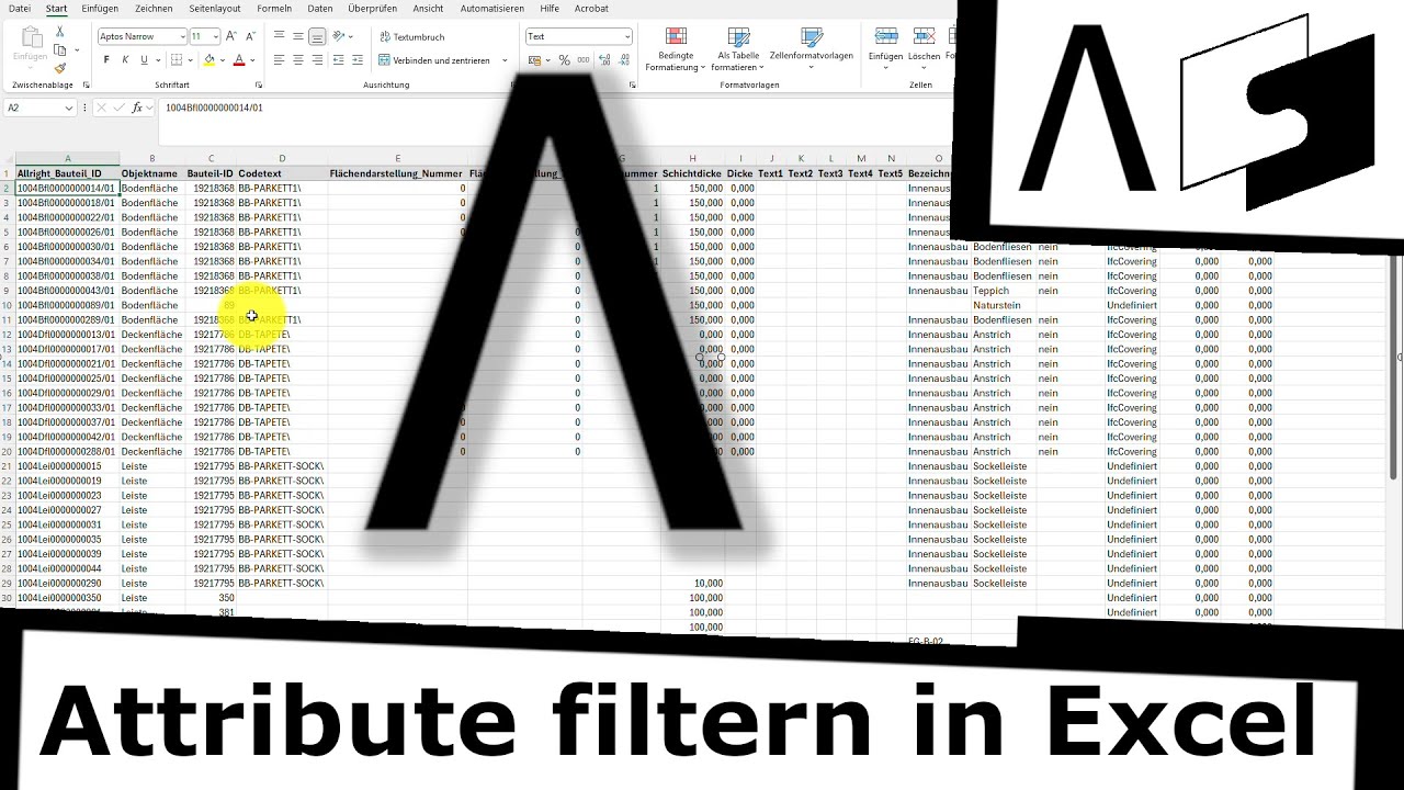 Filtern in Excel in Kombination mit Attributen der Allplan Bauteile