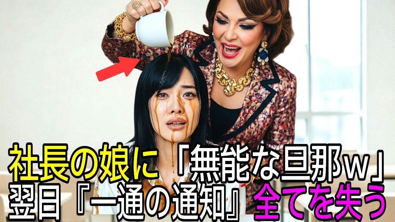 社長の娘と知らず、頭にコーヒーを浴びせ「無能な旦那w」と嘲笑う課長夫人→翌日、夫に届いた『一通の通知』で全てを失う末路【感動する話】【朗読】