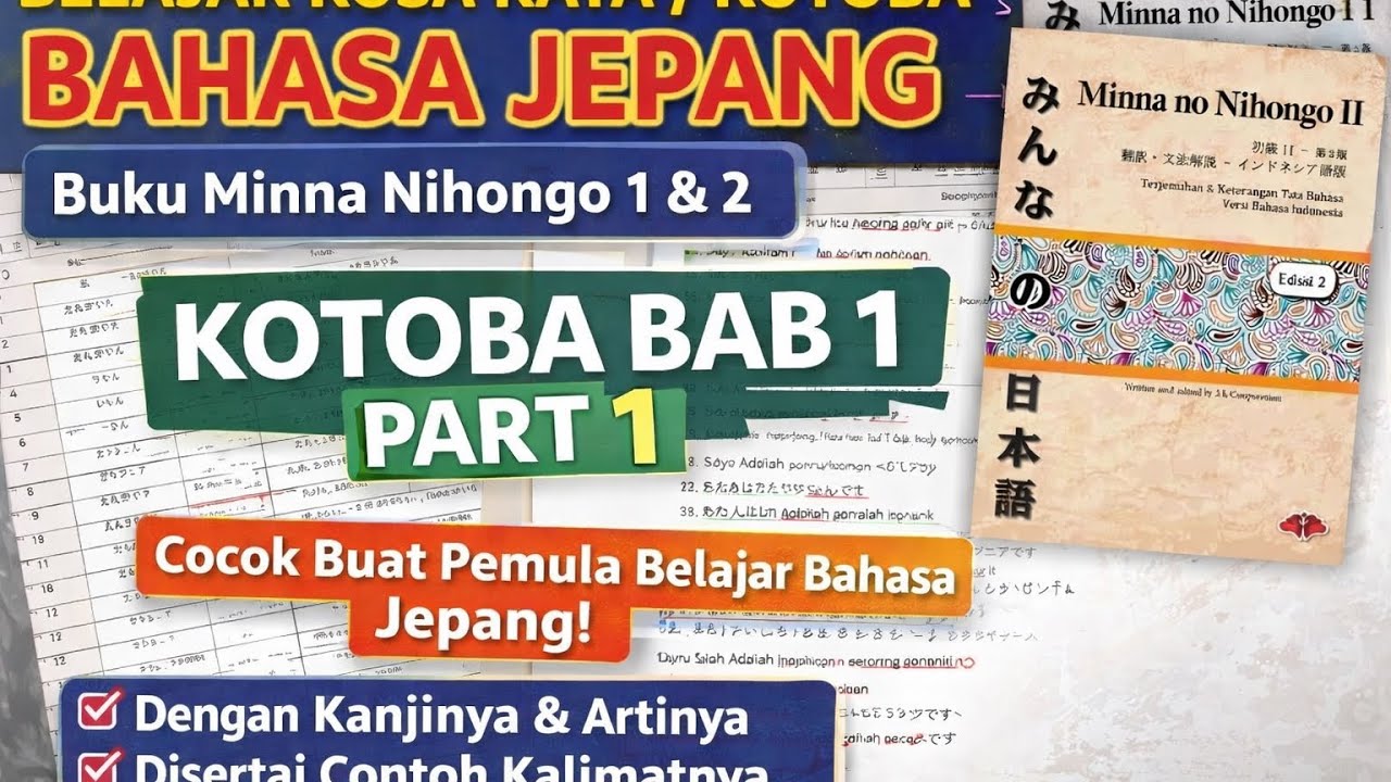📘 Kotoba Bab 1 part 1️⃣ Minna no Nihongo 1 & 2 | Kosakata Bahasa Jepang + Kanji & Contoh Kalimat #fy