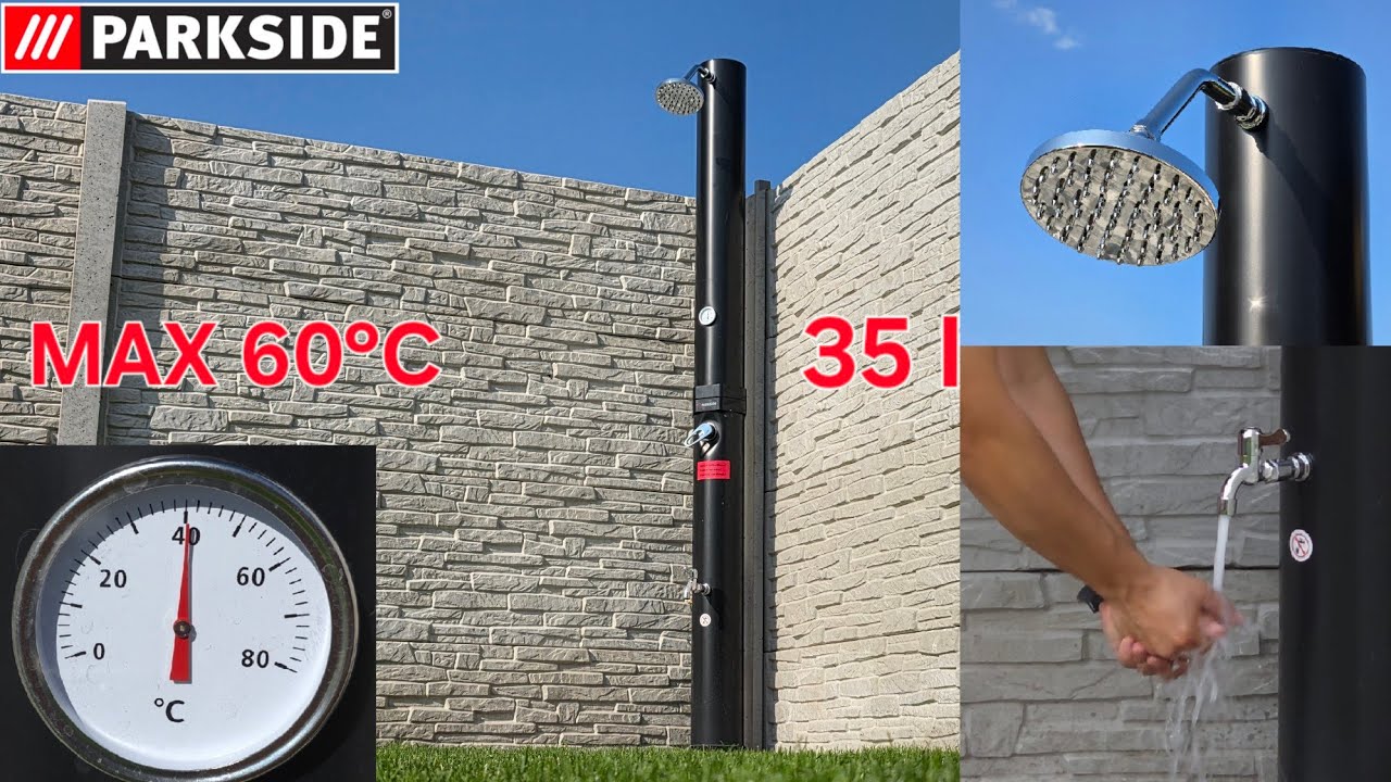 Солнечный душ объемом 35 л для каждого дома. Parkside бесплатно  до максимальной температуры 60 °C.