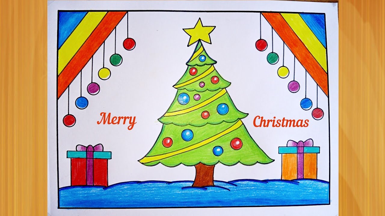 🎄 सुंदर क्रिसमस ट्री ड्रॉइंग 🎁 Merry Christmas ग्रीटिंग कार्ड आर्ट | आसान और रंगीन Christmas Drawing
