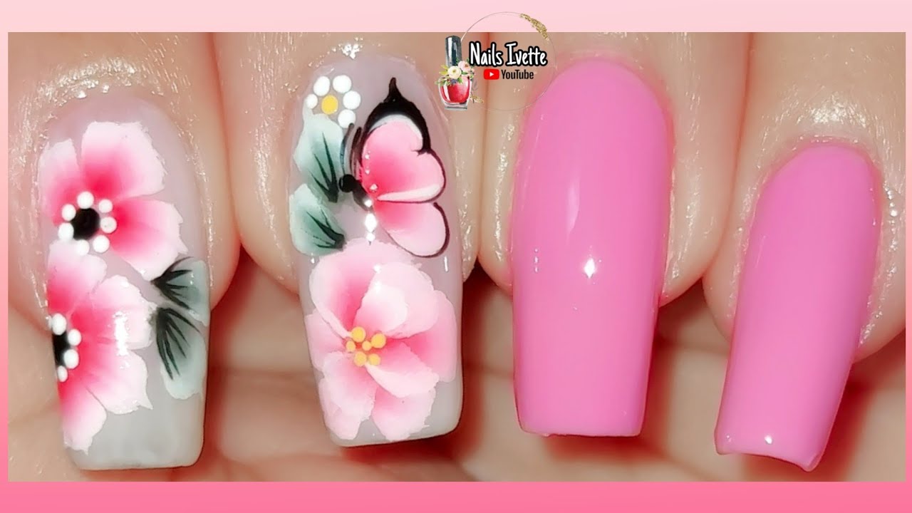 Decoración de uñas rosas, flores y mariposas one stroke/pinceladas, diseño de uñas carga duple