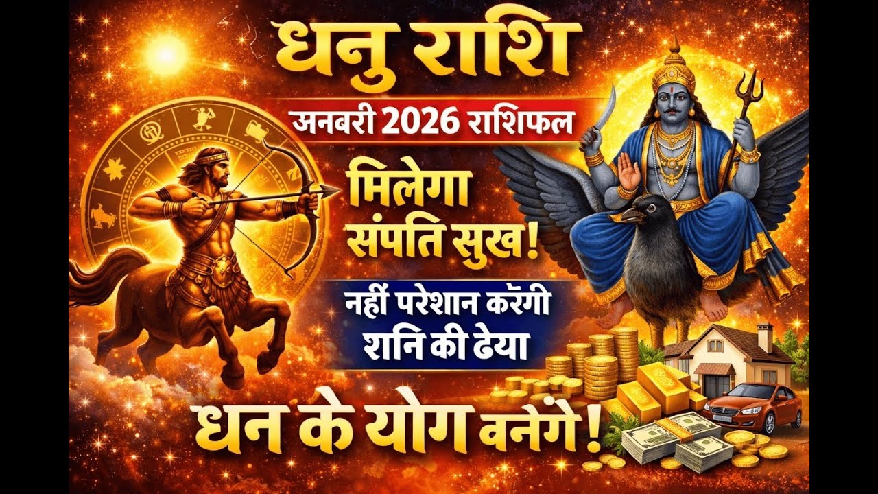 धनु राशि जनवरी 2026 राशि फल मिलेगा संपत्ति सुख। नहीं परेशान करेगी शनि की ढैया। धन के योग बनेंगे .