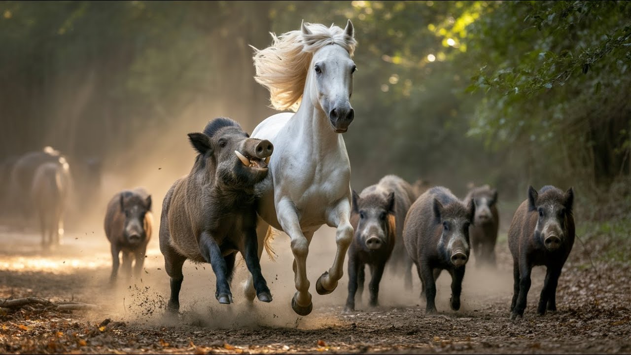 White Arabian Horse Chased by 10 Wild Boars in the Grasslands – Intense Wild Chase (4K)