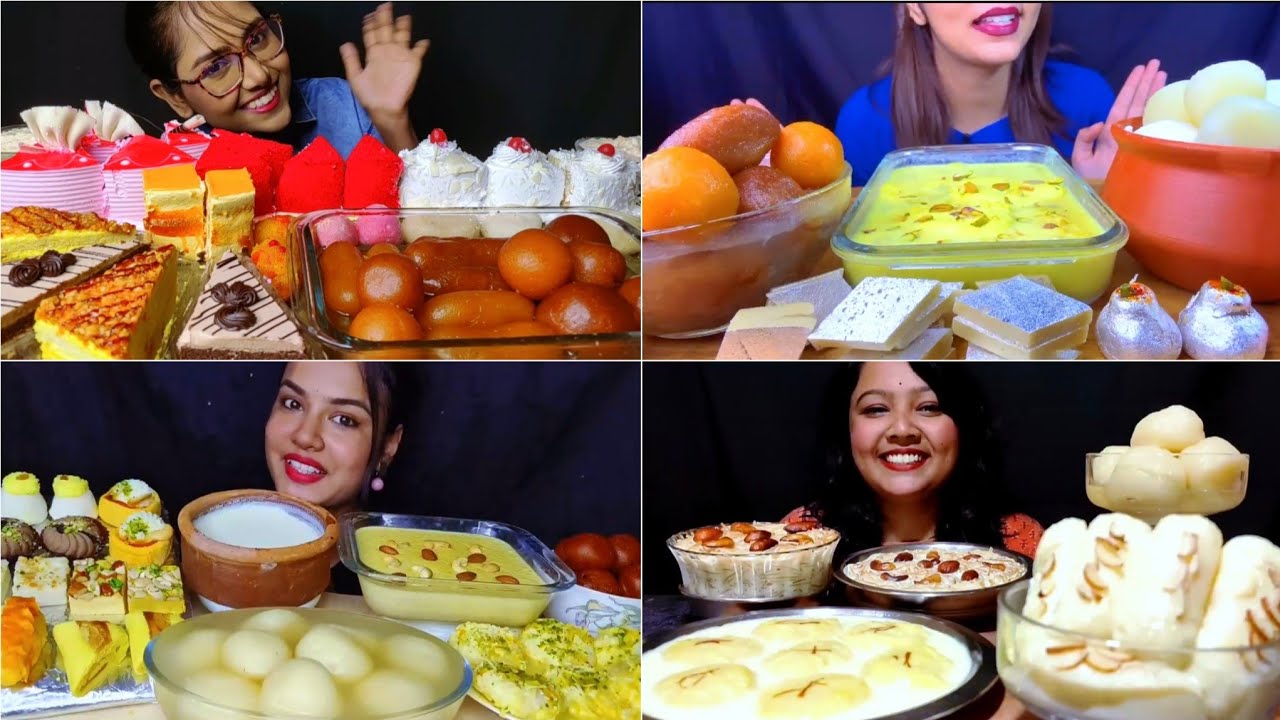 ASMR ❤️ Eating Delicious Indian Sweets & Cake  Rosogolla Rosmalai Kaju Borfi Sandesh Chamcham Kheer😋