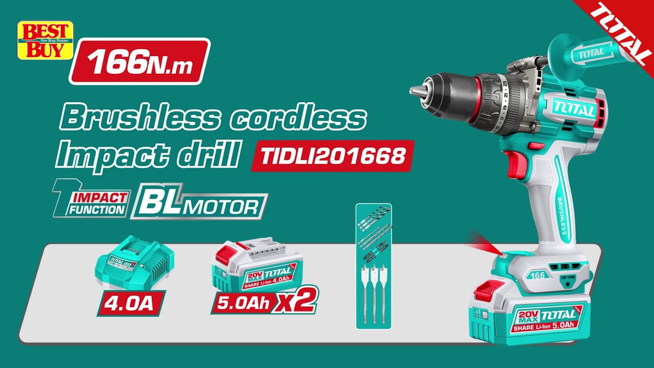 TOTAL Tools P20s 20v series 166Nm Brushless motor cordless impact drill - TIDLI201668