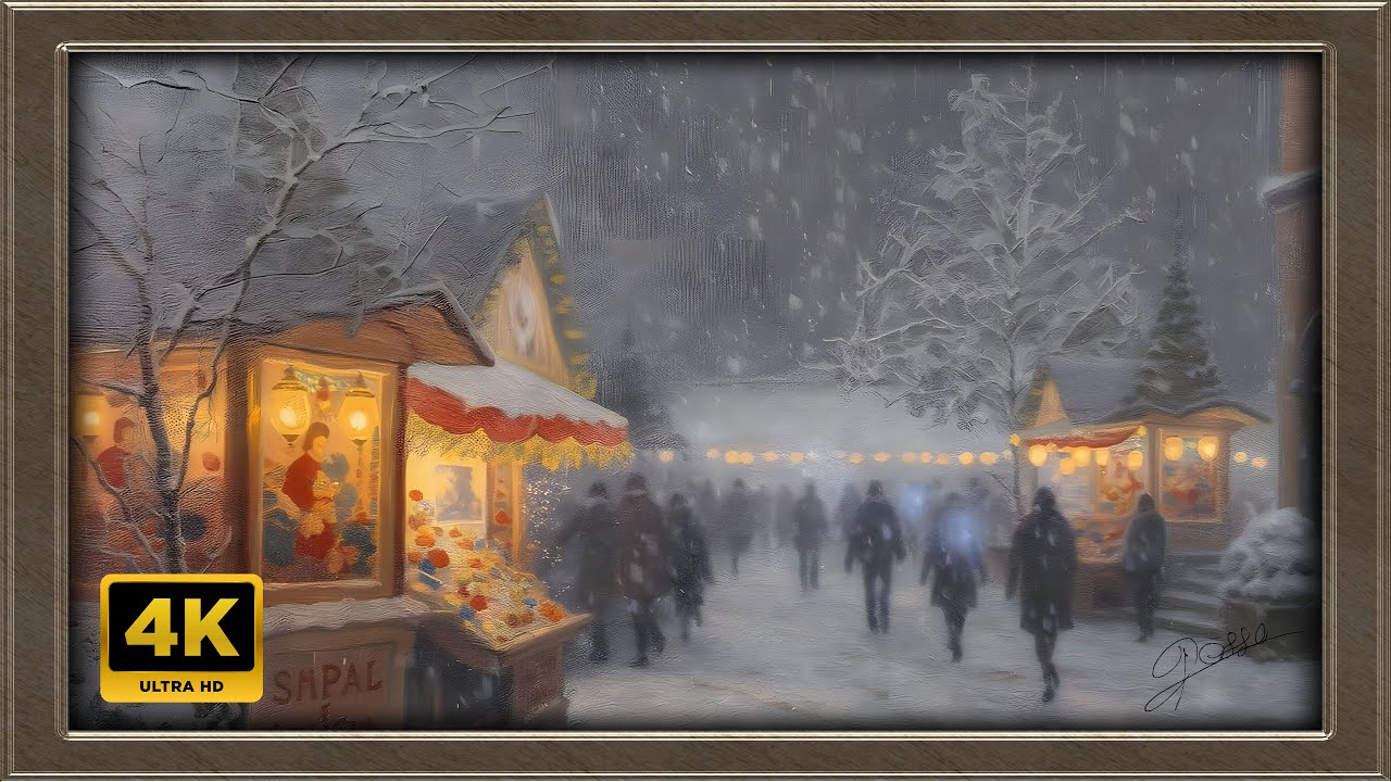 4K Winter Market Painting | Art Framed Screensaver | Art for Your TV | Ambient Christmas Music