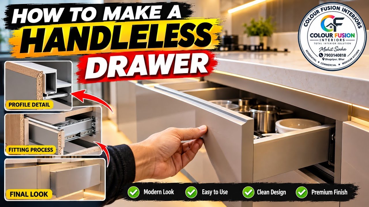 HANDLELESS DRAWER KAISE BANAYE|HOW TO MAKE HANDLELESS DRAWER| INTERIOR WORK IN BHAGALPUR 7903140818