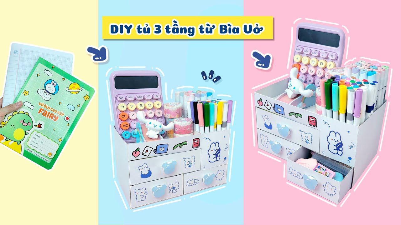 DIY Tủ Decor 3 Tầng có ông cắm bút Từ Bìa Vở Ô ly học sinh // Quyển Sách Nhỏ