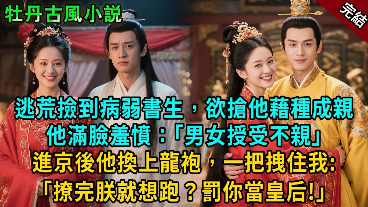完結甜寵爽文：逃荒撿到病弱書生，欲搶他藉種成親。他滿臉羞憤：男女授受不親！誰料進京後他竟換上龍袍，一把拽住我：撩完朕就想跑？罰你留下當皇后！#小説 #故事 #古風 #古言 #爽文 #大女主 #甜寵