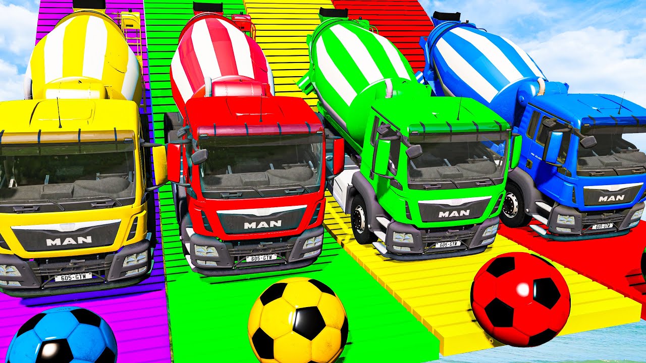 Funny Mcqueen with Mixer Colour Truck vs Crane Truck Rescue Bus - Cars vs Deep Water - BeamNG.drive