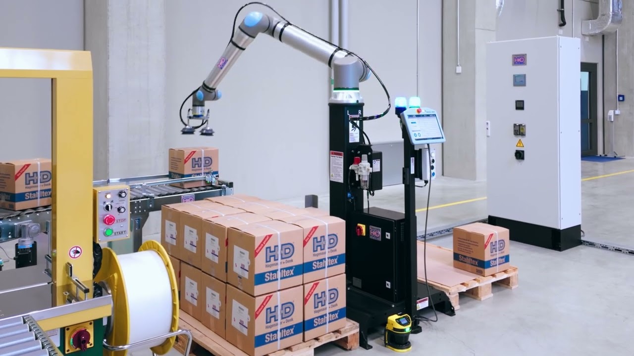 Cobot - Palettierer: kollaborierender Roboter palettiert Kartons