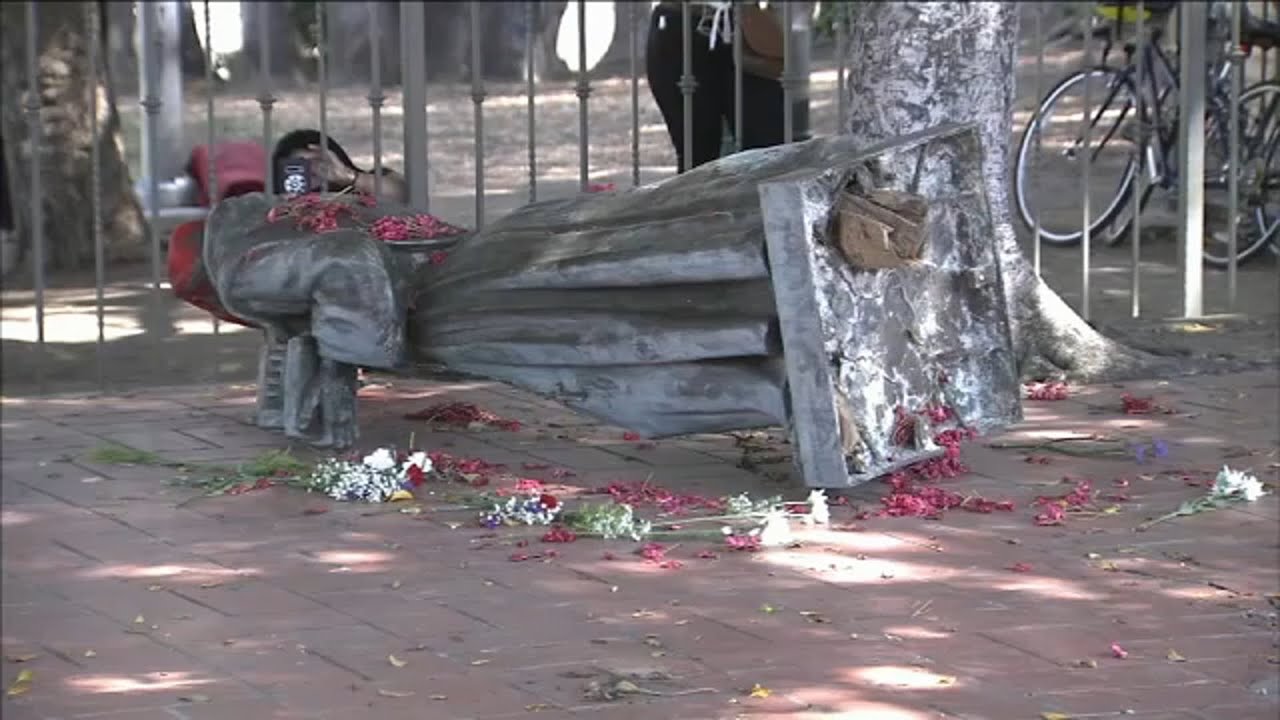 Activists topple statue of Junipero Serra in Downtown Los Angeles