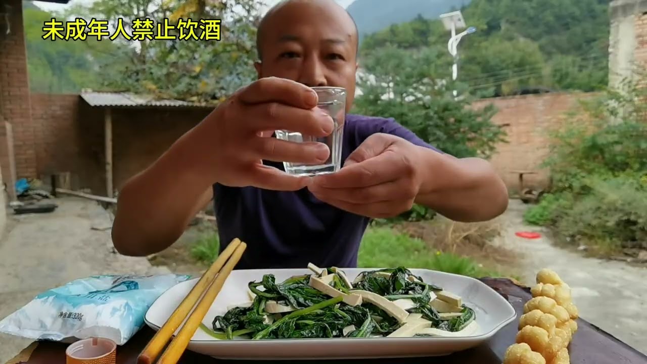 蒲公英凉拌豆腐一盘，麻花一一个下着吃，再喝一大杯酒痛快 #我的乡村生活