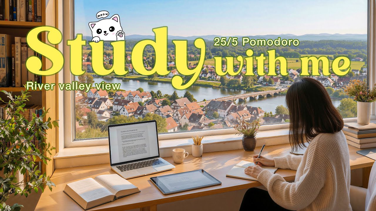 🏕️2-HOUR STUDY WITH ME | River Valley View | 🎹Calm Piano 🍃 Relaxing Nature Sounds | 25/5 Pomodoro