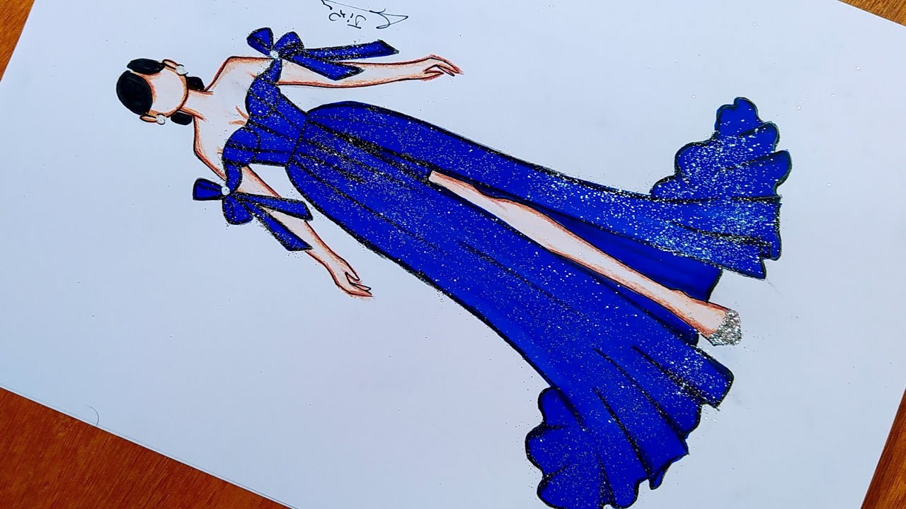 رسم فستان سهرة باللون الازرق سهل جدا للمبتدئين | رسم فساتين | تعليم رسم الأزياء