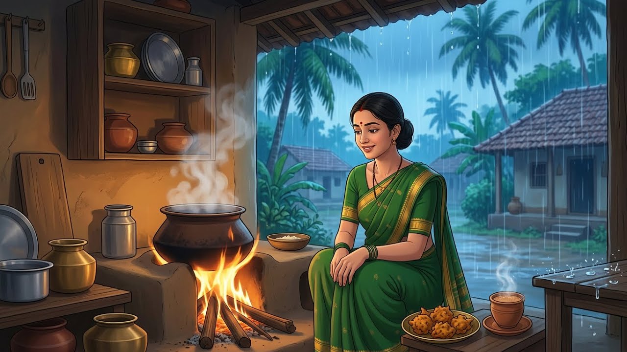 🌧️ A Peaceful Rainy Day in 1990s Indian Village Life | Ghibli Village l Relaxing & Cooking 