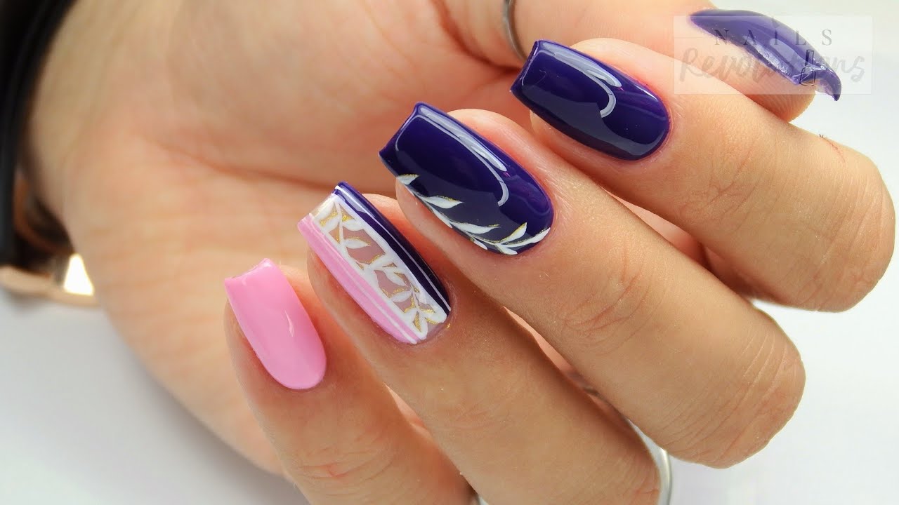 Violet pink and leaves /Allepaznokcie Colours by Molly