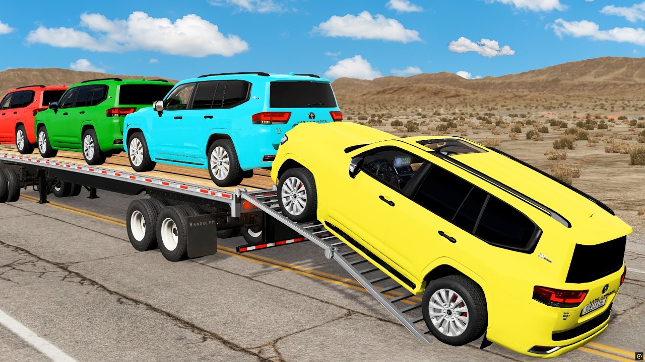 Triple Flatbed Trailer McQueen Transportation with Truck - Speedbumps vs Cars vs Train - BeamNG #27