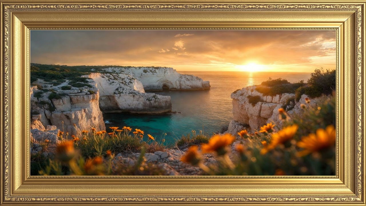 Romantic luxurious sunset over ocean cliffs, warm golden orange light bathing dramatic white