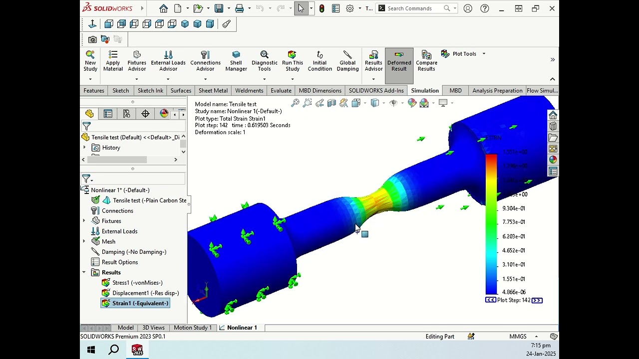 SolidWorks Simulation: Tensile Test on Plain Carbon Steel
